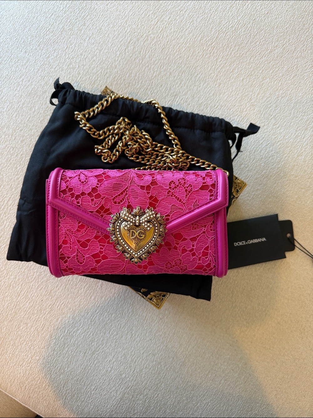Dolce & Gabbana Hot Pink Lace Devotion Shoulder Bag with Gold Chain